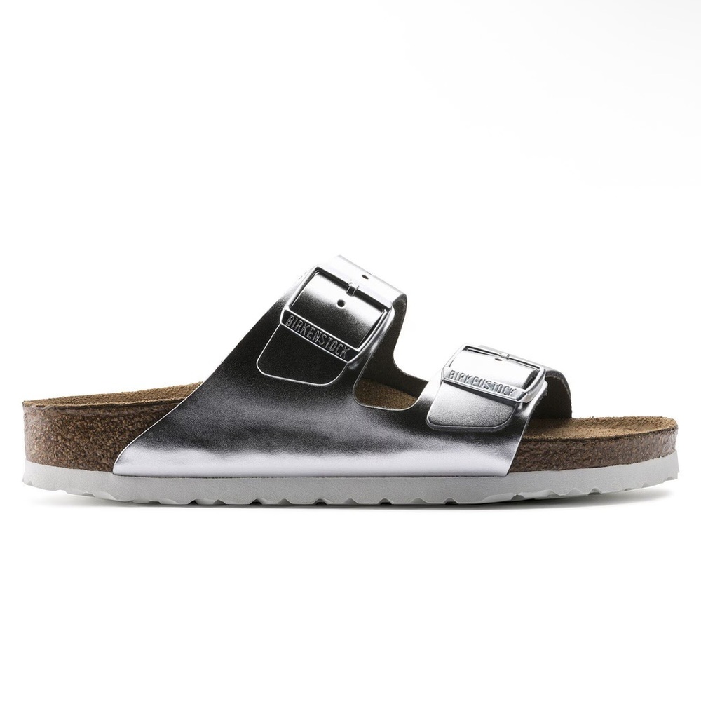 BIRKENSTOCK ARIZONA SOFT FOOTBED SANDALS IN METALLIC SILVER 37 6 - Picture 6 of 13